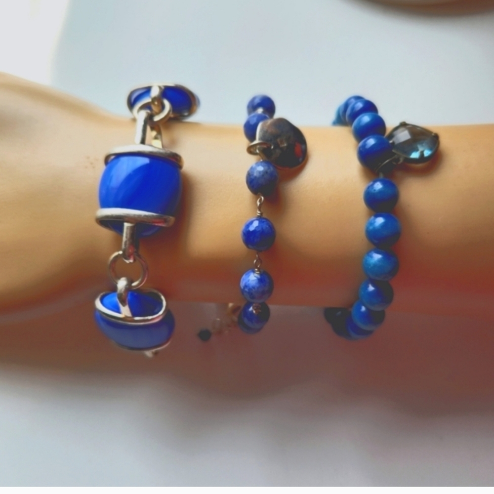 3 Blue Beaded 9" Bracelets: 1 Stretchy, 2 With Clasps. Fun Statement (all 3!!)